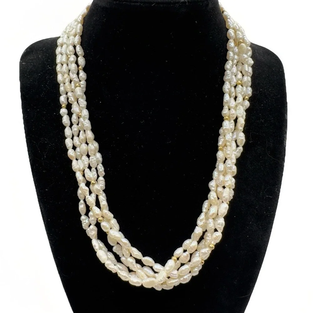 Vintage Multi-Strand Freshwater Rice/Seed Pearl Necklace Gold Tone Clasp 18" - Picture 10 of 14